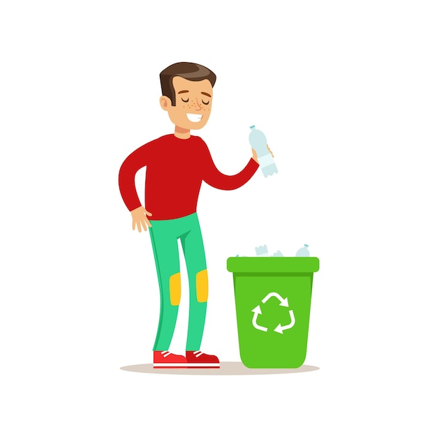 Boy Throwing Plastic Waste In Recycling Garbage Bin Smiling Cartoon Kid Character Helping With Housekeeping And Doing House Cleanup