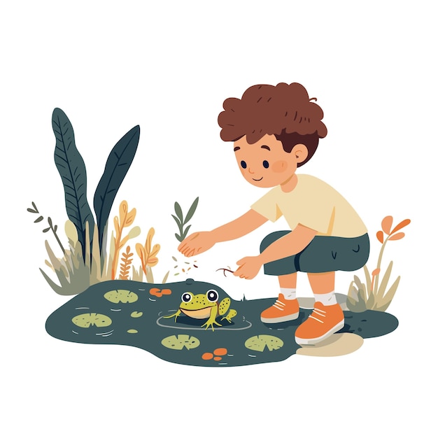 A boy trying to catch a frog by a pond