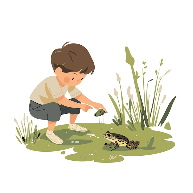 Vector a boy trying to catch a frog by a pond