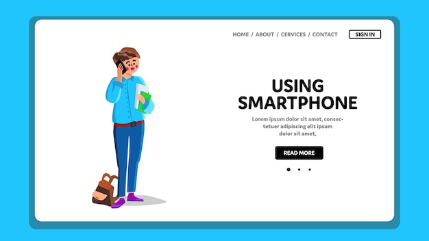 Boy Using Smartphone For Communication Vector. Young Man Talking On Smartphone And Holding Document Folders Or Book. Character Guy Talk On Mobile Phone Web Flat Cartoon Illustration