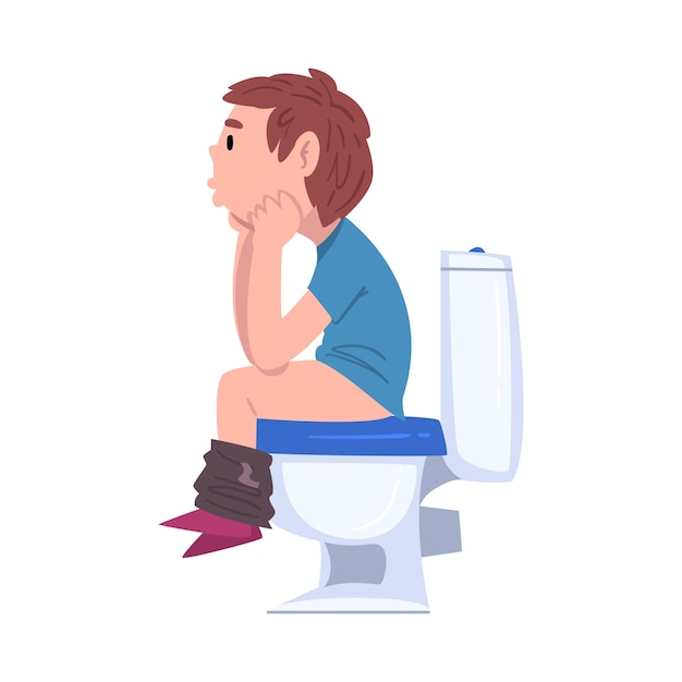 Vector boy using toilet bowl cute child daily routine activity cartoon style vector illustration on white background