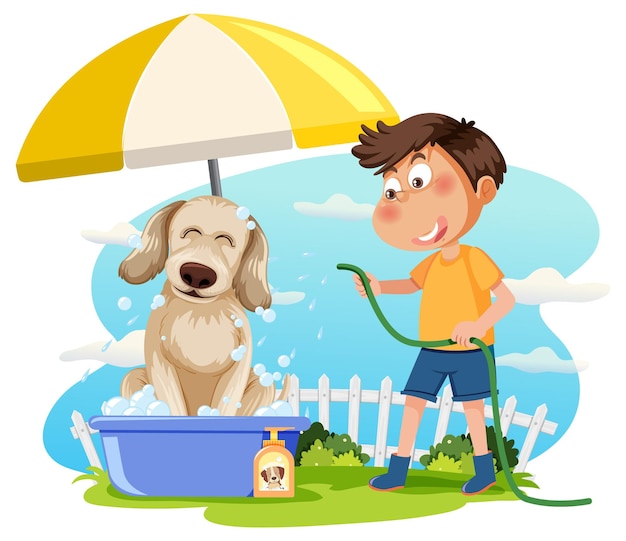 A boy washing his dog cartoon