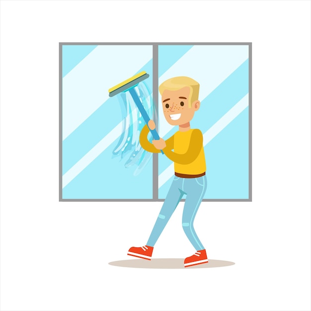 Boy Washing Windows With Squeegee Smiling Cartoon Kid Character Helping With Housekeeping And Doing House Cleanup