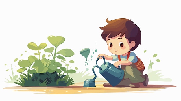 Boy Watering Plants with Watering Can