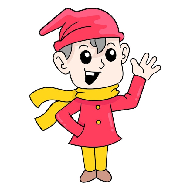 Boy wearing winter clothes welcomes christmas eve, vector illustration art. doodle icon image kawaii.