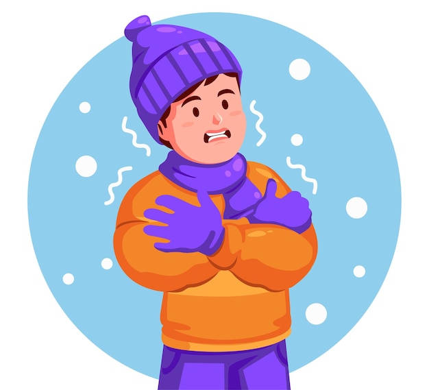 Vector boy wearing a winter hat and scarf feels shivering from the cold