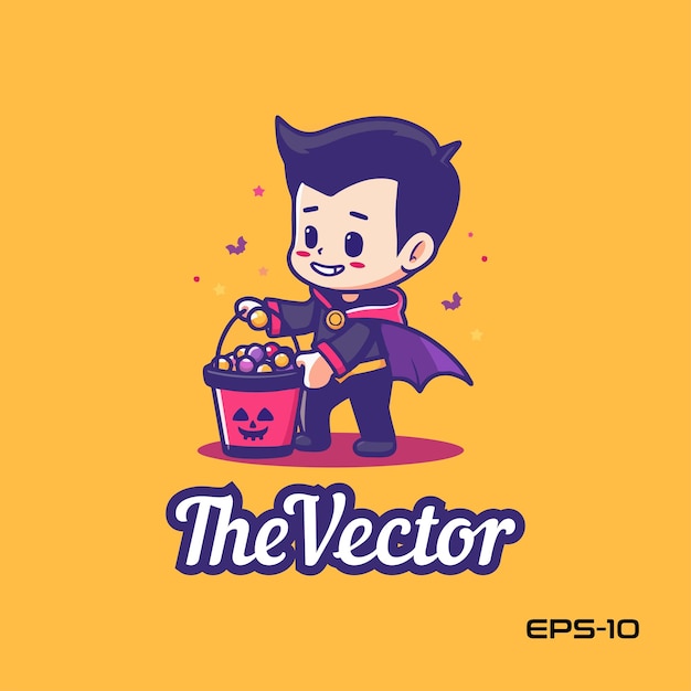 Vector boy wearing witch custom with a buck of candy logo vector mascot character illustration