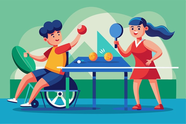 A boy in a wheelchair and a girl compete in a thrilling table tennis match in a lively setting Customizable flat illustration of Paralympic table tennis