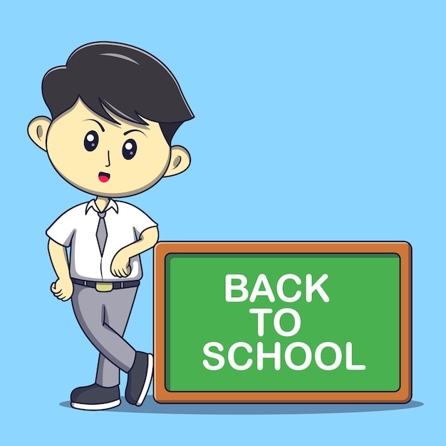 Boy with back to school banner cartoon illustration