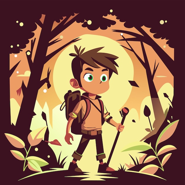 Vector a boy with a backpack and a backpack with a background of trees and plants