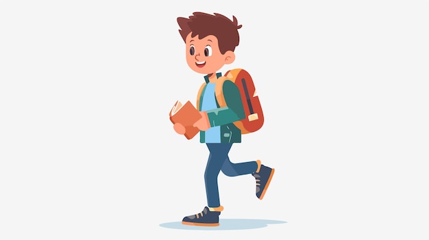 a boy with a backpack and a book in his hand