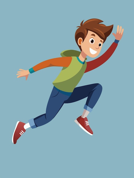 a boy with a backpack running in a colorful shirt