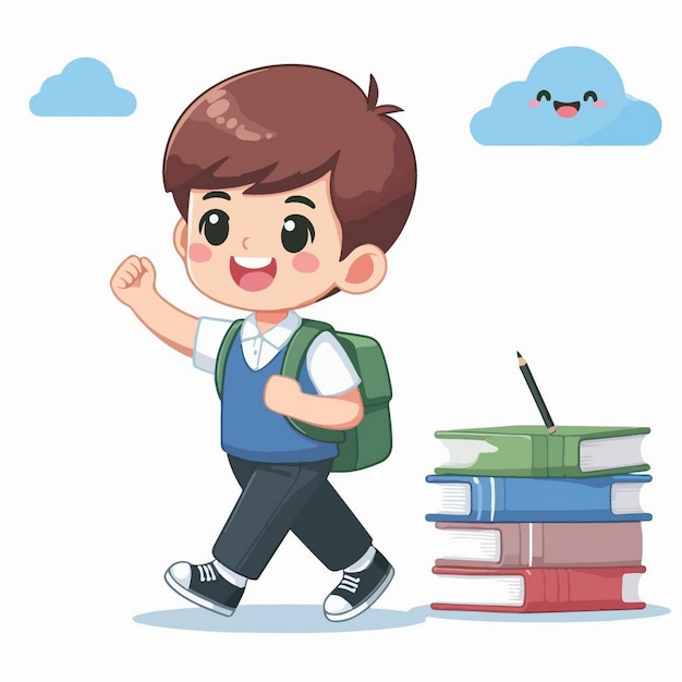 a boy with a backpack and a sky background