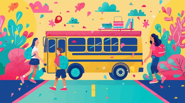 a boy with a backpack walks past a yellow school bus