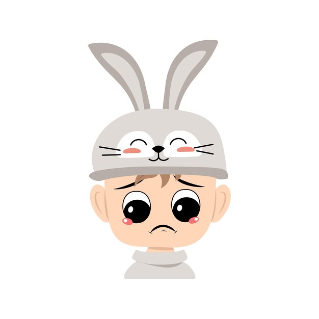 Boy with big eyes and sad emotions, depressed face, down eyes in rabbit hat with long ears. Child with melancholy face for Easter, New Year or carnival costume for party. Vector flat illustration