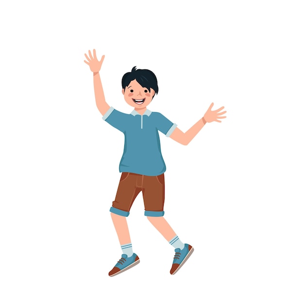 Boy with black hair, face in a shirt, shorts and sneakers smile. Happy kid hugs, dancing. A teenager in casual summer clothes rejoices. World international children day. Vector illustration