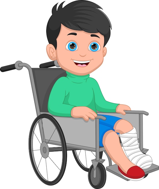 boy with broken leg and sitting in a wheelchair