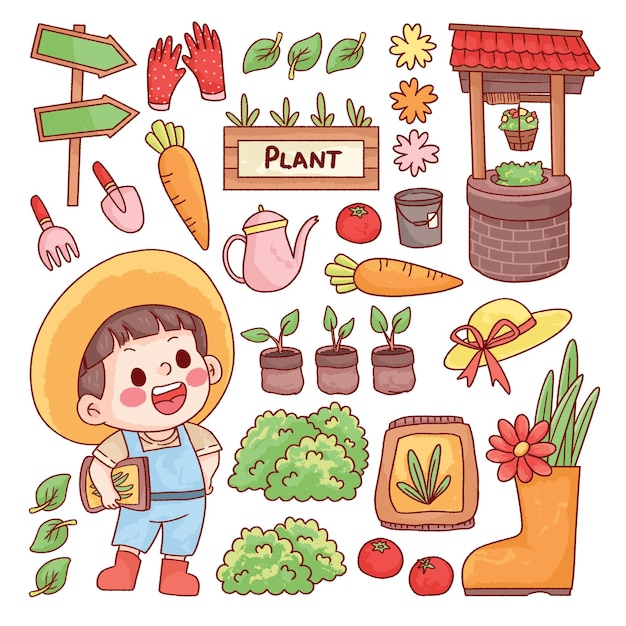 A boy with a bucket and a plant.