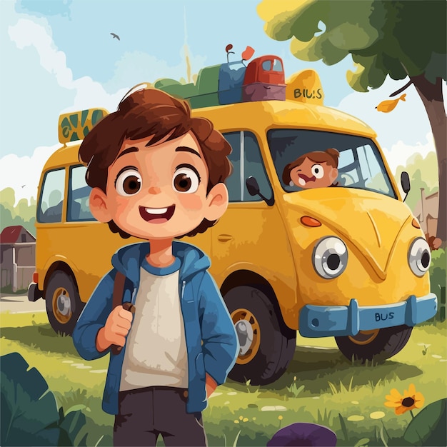 boy with bus vector