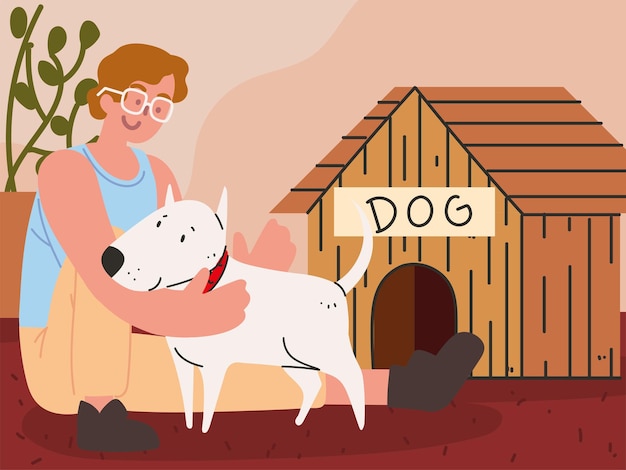 Boy with dog and pet house