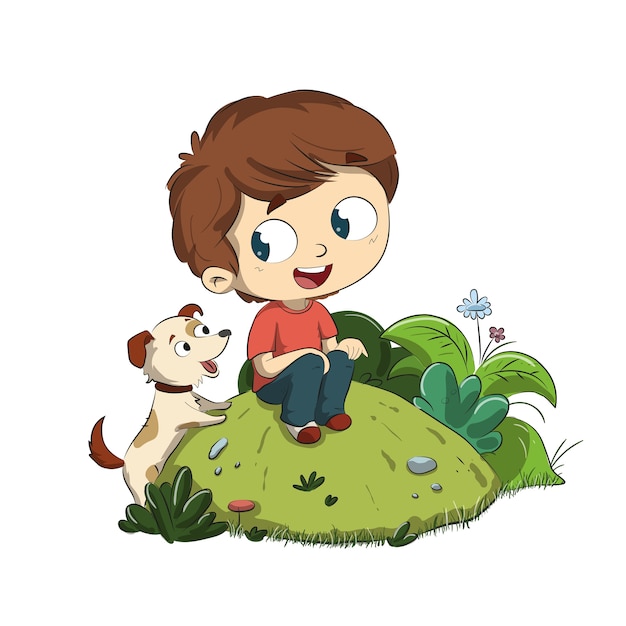 Boy with a dog. Sitting in the park with your pet