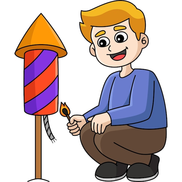 Boy with Fireworks Cartoon Colored Clipart