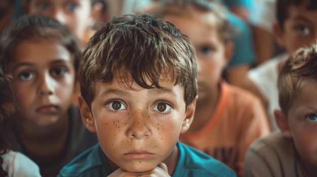 Vector a boy with freckles on his face looks up at the camera