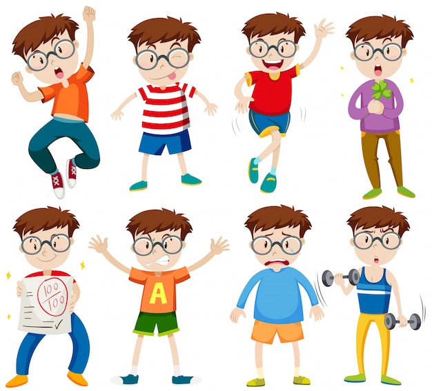 Boy with glasses in different actions