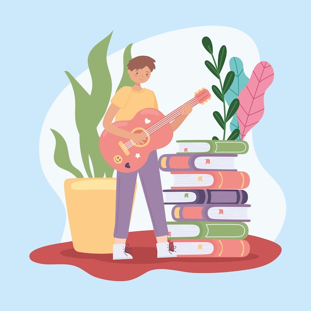 Boy with guitar and books