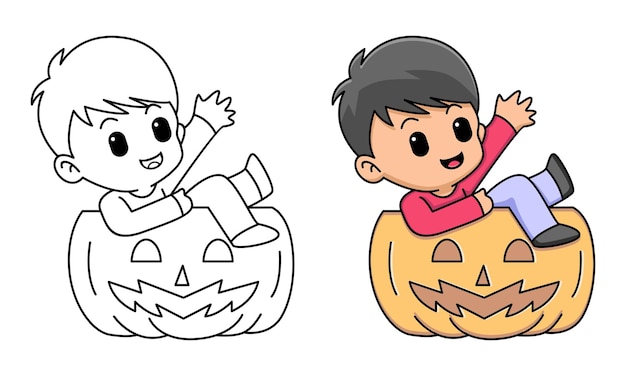 boy with halloween pumpkin coloring page for kids