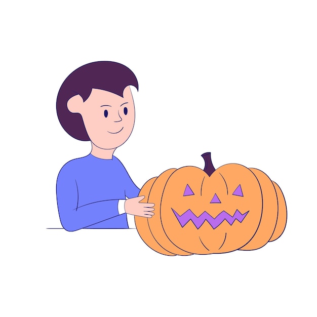 Boy with Halloween pumpkin Modern style vector on white background