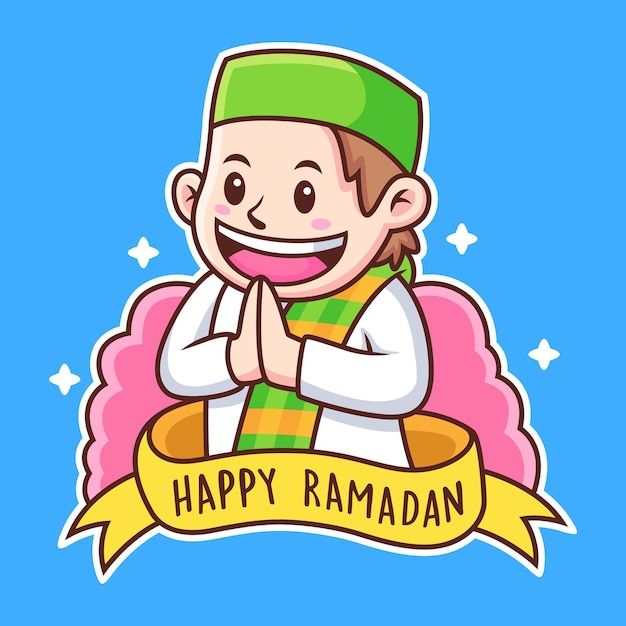 Boy with Happy Ramadan Text Cartoon