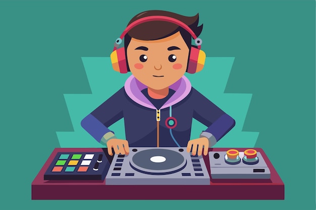 A boy with headphones is skillfully mixing music at a lively party creating an energetic atmosphere Customizable flat illustration of a DJ boy