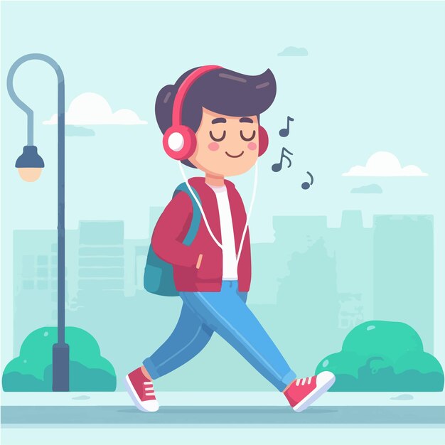 Vector a boy with headphones and a red jacket is walking in the street