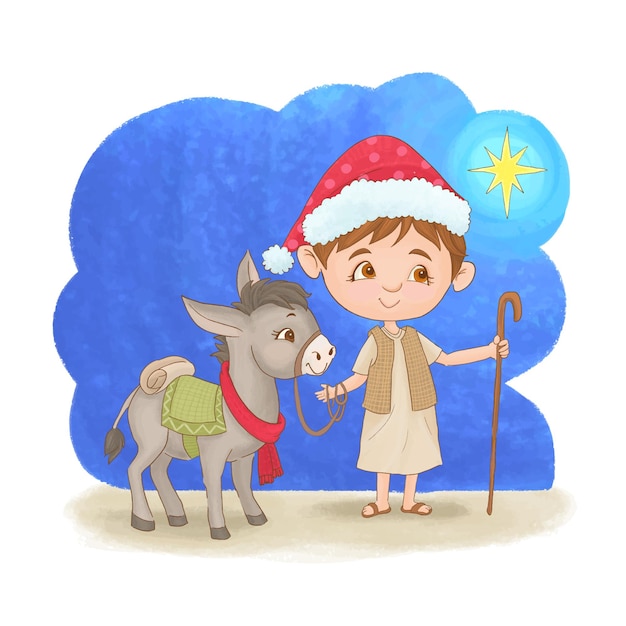 Boy with his donkey walking to Bethlehem