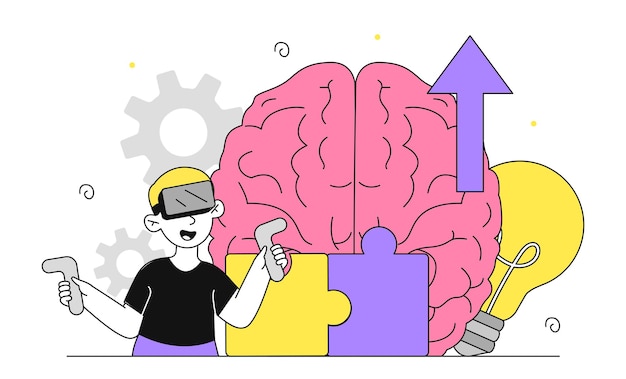 Vector boy with neurodiversity cute guy in virtual reality glasses near large brain development of cognitive abilities in children awareness and mindfulness linear vector illustration