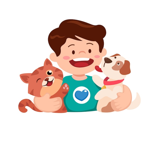 Boy with pet kitten and puppy animal lover symbol character mascot cartoon illustration vector