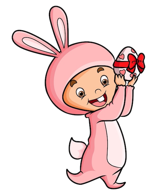 The boy with the rabbit costume is holding the easter egg with the love sign of illustration