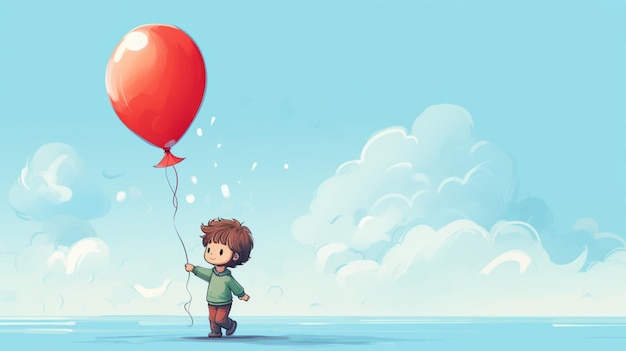 a boy with a red balloon that says  the little boy is holding a balloon