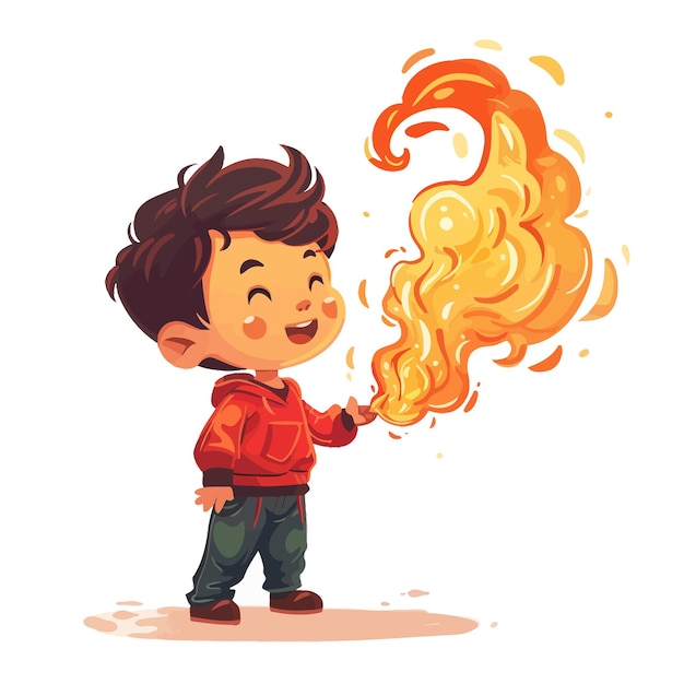 a boy with a red sweater and a fire that has the word fire on it