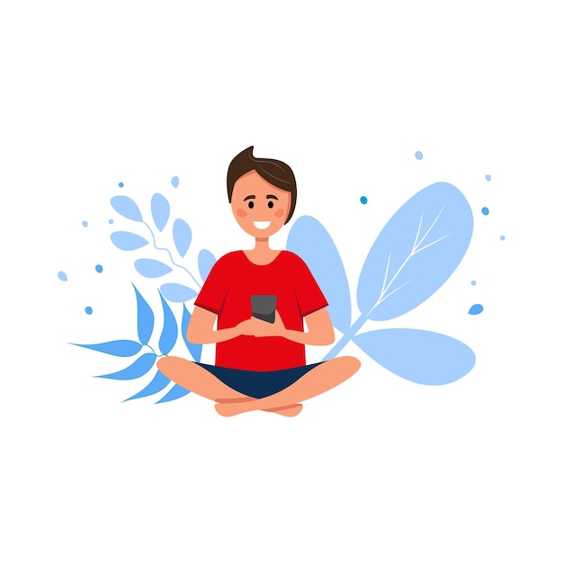 boy with smartphone Illustration in the style of a flat cartoon relaxation