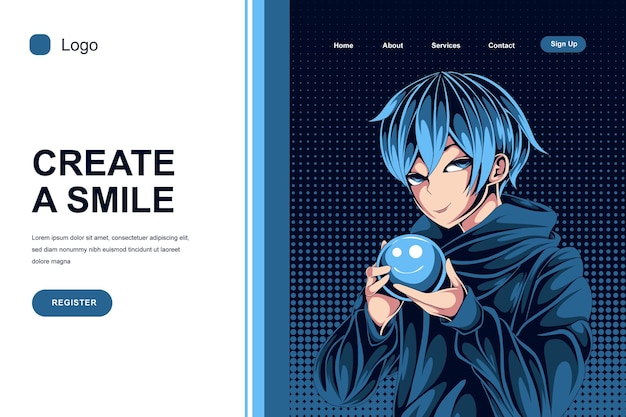 boy with smile ball anime landing page template