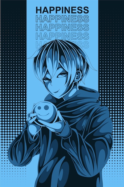 boy with smile ball anime retro halftone style illustration