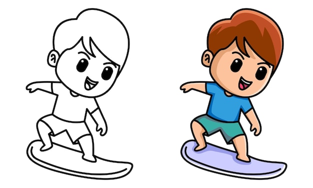 boy with surfboard coloring page for kids