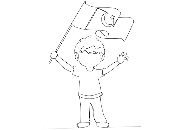 A boy with a waving Pakistan flag one line art