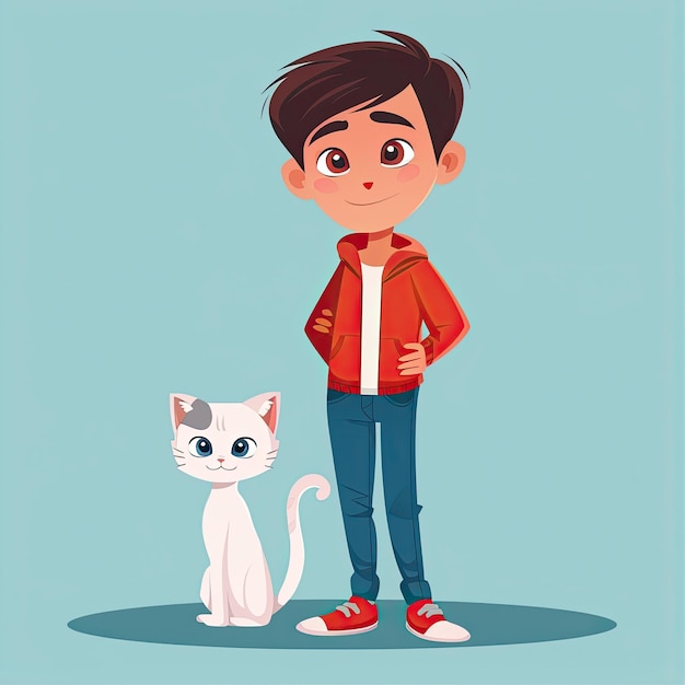 Vector a boy with a white cat and a boy in a red jacket