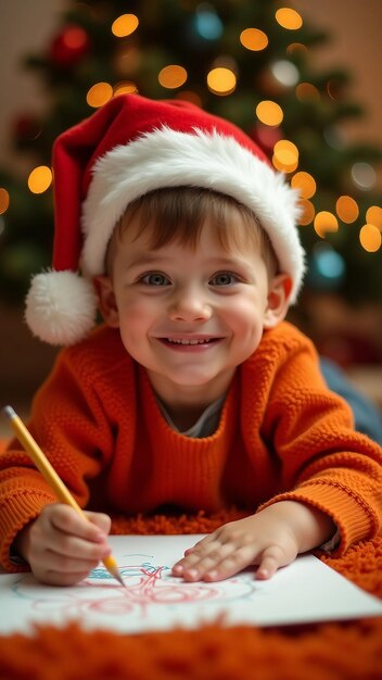 Vector boy writing in santa hat with christmas tree background