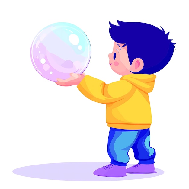 a boy in a yellow hoodie holds a bubble