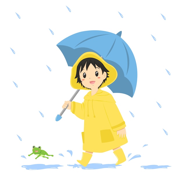 Boy in yellow raincoat and holding a blue umbrella