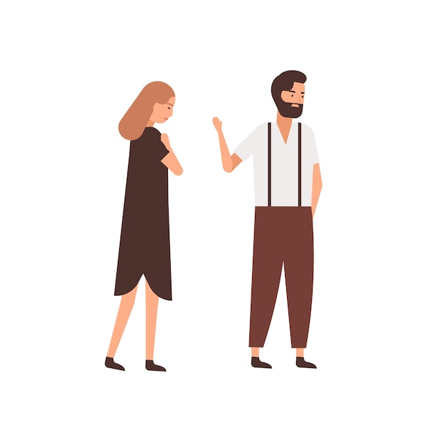 Boyfriend leaving girlfriend flat vector illustration. Depressed woman following indifferent partner cartoon characters. Husband saying goodbye, farewell gesture to wife. Couple breakup concept.